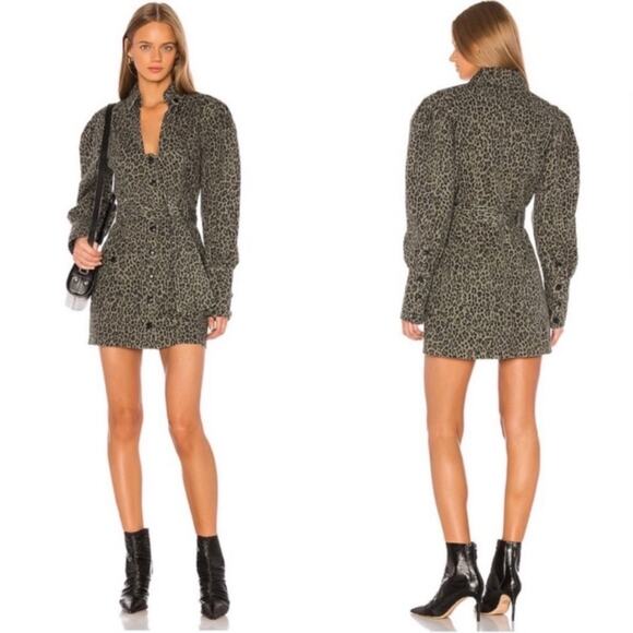 MARISSA WEBB Mera Leopard Print Denim Dress Womens Small Olive Green Belted - Picture 2 of 16